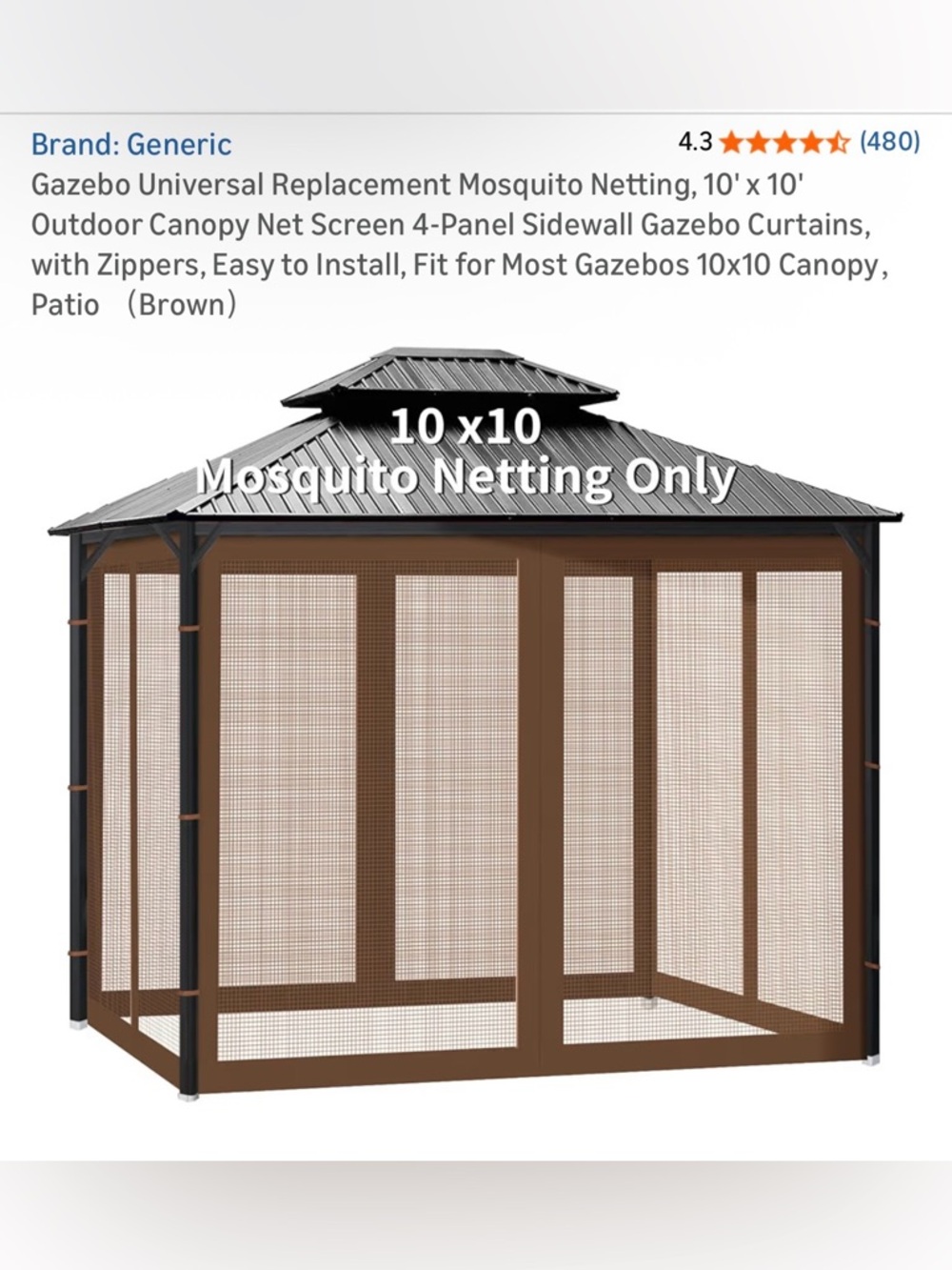 10x10 Brown Mosquito Netting Panels for Gazebo